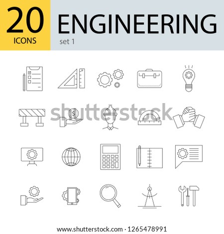 Engineering line icons, 20 different icons. Concept of building, repairing, engineering. Vector illustration.