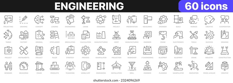 Engineering line icons collection. Designer, construction, engineer, project, crane icons. UI icon set. Thin outline icons pack. Vector illustration EPS10