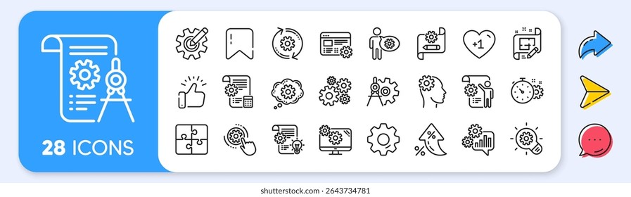 Engineering line icons. Interest rate, AI generate, Inflation icons. Set of Idea bulb, Dividers tools and Blueprint linear icons. Cogwheel, calculate price, mechanical tools. Vector