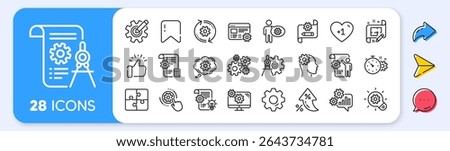 Engineering line icons. Interest rate, AI generate, Inflation icons. Set of Idea bulb, Dividers tools and Blueprint linear icons. Cogwheel, calculate price, mechanical tools. Vector