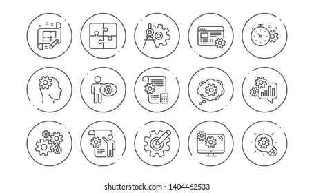 Engineering Line Icons. Puzzle, Dividers Tool And Architect Plan. Engineer Linear Icon Set. Line Buttons With Icon. Editable Stroke. Vector