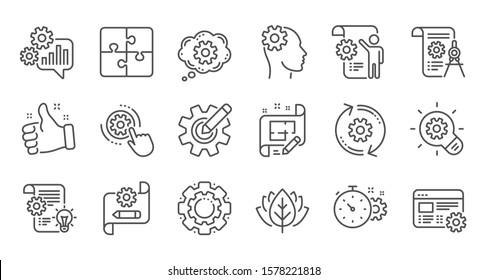 Engineering line icons. Puzzle, Dividers tool and Architect plan. Engineer linear icon set. Quality line set. Vector