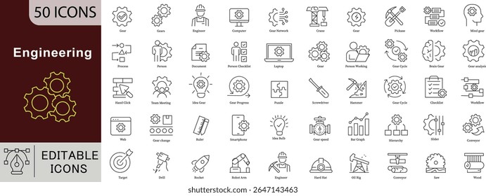 Engineering Line Icons Set - 50 Editable Vector Symbols for Technical Innovation Development Design Projects