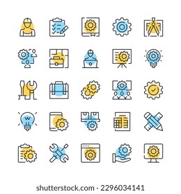 Engineering line icons. Set of engineering icons. Black, blue and yellow colors. Modern outline graphic design. Vector line icons set