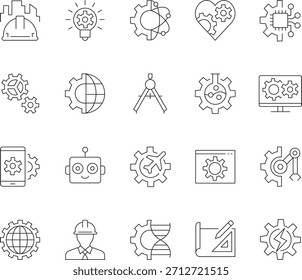 Conjunto de iconos de línea de ingeniería. Colección de símbolos de trazo editables para la industria, Tecnología, innovación y construcción. Ilustraciones de esquema de Vector.