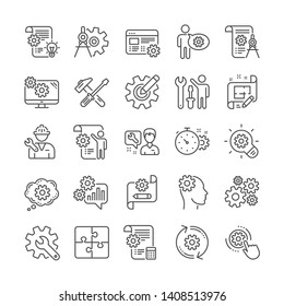 Engineering line icons. Set of Dividers tools, Idea bulb and Blueprint linear icons. Cogwheel, calculate price, mechanical tools. Idea bulb with cog, architect dividers, engineering people. Vector