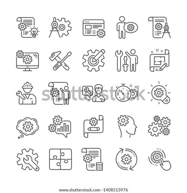 Engineering line icons. Set of Dividers tools,\
Idea bulb and Blueprint linear icons. Cogwheel, calculate price,\
mechanical tools. Idea bulb with cog, architect dividers,\
engineering people.\
Vector