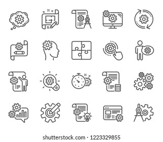 Ingenieurstraßensymbole. Set aus Ideenkolben, Dividers-Tools und Blueprint-Linearsymbole. Cograd, Preis berechnen, mechanische Werkzeuge. Ideenbulbe mit Kog, Architektenteiler, Ingenieurinnen und Ingenieure. Vektorgrafik