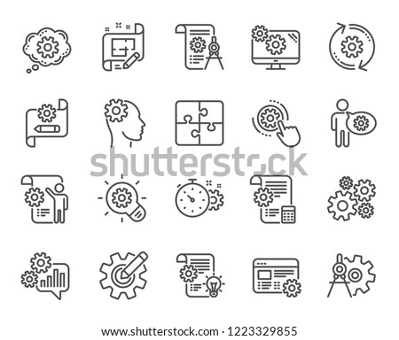 Engineering line icons. Set of Idea bulb, Dividers tools and Blueprint linear icons. Cogwheel, calculate price, mechanical tools. Idea bulb with cog, architect dividers, engineering people. Vector