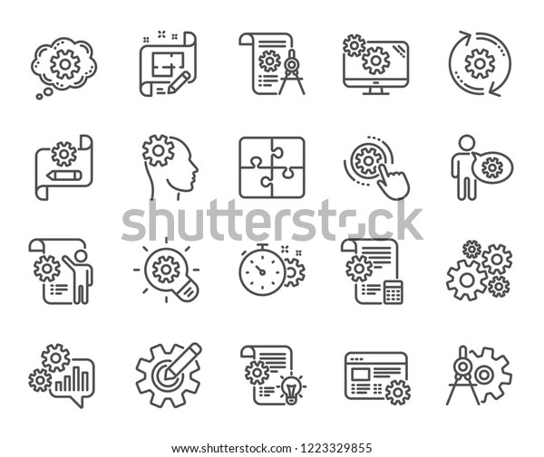 Engineering line icons. Set of Idea bulb, Dividers
tools and Blueprint linear icons. Cogwheel, calculate price,
mechanical tools. Idea bulb with cog, architect dividers,
engineering people.
Vector