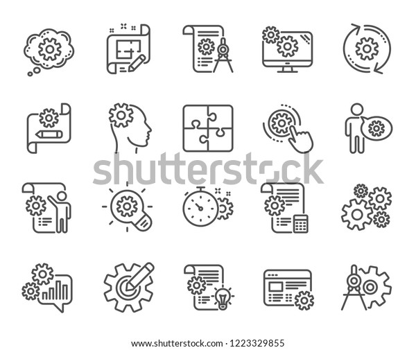 Engineering line icons. Set of Idea bulb, Dividers\
tools and Blueprint linear icons. Cogwheel, calculate price,\
mechanical tools. Idea bulb with cog, architect dividers,\
engineering people.\
Vector