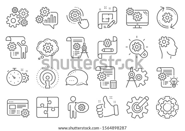 Engineering line icons. Set of Idea bulb, Dividers\
tools and Blueprint linear icons. Cogwheel, calculate price,\
mechanical tools. Idea bulb with cog, architect dividers,\
engineering people.\
Vector
