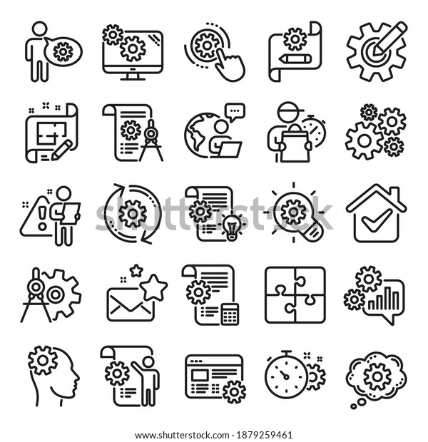 Engineering line icons. Set of Idea bulb, Dividers\
tools and Blueprint linear icons. Cogwheel, calculate price,\
mechanical tools. Idea bulb with cog, architect dividers,\
engineering people.\
Vector