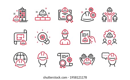 Engineering line icons set. Teamwork, Technical documentation and Peopl. Blueprint with gear, engineer and construction helmet set icons. Technician, industrial people, engineering process. Vector