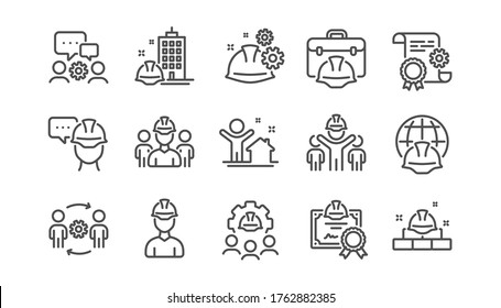 Engineering line icons set. Technical documentation, Teamwork and People. Blueprint with gear, engineer and construction helmet set icons. Technician, industrial people, engineering process. Vector