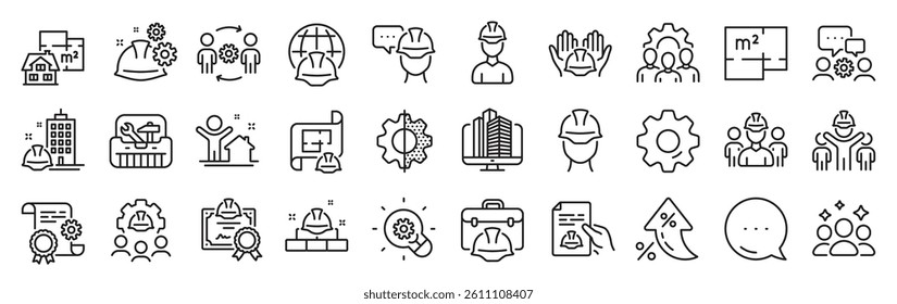 Engineering line icons. Settings gear, Message, Inflation icons. Teamwork, People and Technical documentation. Blueprint with gear, engineer and construction helmet set icons. Vector