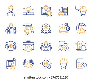 Engineering line icons. Teamwork, People and Technical documentation. Blueprint with gear, engineer and construction helmet set icons. Technician, industrial people, engineering process. Vector