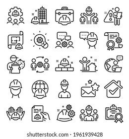 Engineering line icons. Teamwork, People and Technical documentation. Blueprint with gear, engineer and construction helmet set icons. Technician, industrial people, engineering process. Vector