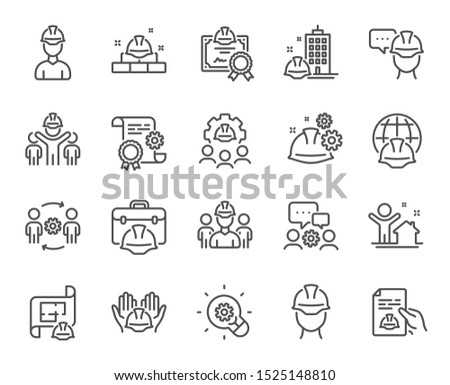 Engineering line icons. Teamwork, People and Technical documentation. Blueprint with gear, engineer and construction helmet set icons. Technician, industrial people, engineering process. Vector