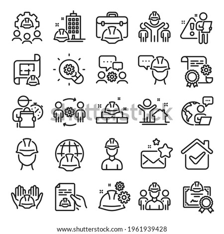 Engineering line icons. Teamwork, People and Technical documentation. Blueprint with gear, engineer and construction helmet set icons. Technician, industrial people, engineering process. Vector