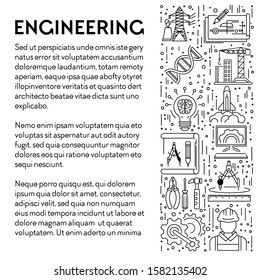 Engineering line icons vector, building and science. Genetics and construction, machinery and electricity, IT and space technologies. Draft and divider, DNA and repair tools, spaceship and light bulb
