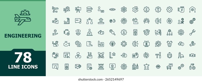 Coleção de ícones lineares de engenharia. Ícones mínimos da moda. Arte e ilustração. Pacote de ícone mecânico. Contém símbolos como manutenção, mecânico, equipamento, mecânico, motor, indústria e muito mais.