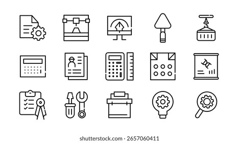 Conjunto de ícones lineares de engenharia. Ferramentas, engrenagem, construção, trabalho, projeto, capacete, chave inglesa, fábrica, robótica, mecânica, industrial, inovação, arquitetura, conjunto de ícones vetoriais. Pacote de ícones de linha fina da interface do usuário