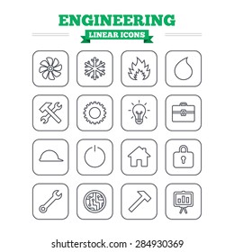 Engineering linear icons set. Ventilation, heat and air conditioning symbols. Water supply, repair service and circuit board thin outline signs. Lamp, house and locker. Flat square vector