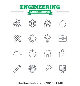 Engineering linear icons set. Ventilation, heat and air conditioning symbols. Water supply, repair service and circuit board thin outline signs. Lamp, house and locker. Flat vector