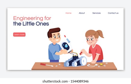 Engineering for little ones landing page vector template. Robotics courses website interface idea with flat illustrations. Electronic constructor homepage layout. Web banner, webpage cartoon concept