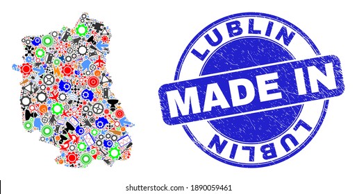 Engineering Lublin Voivodeship map mosaic and MADE IN distress rubber stamp. Lublin Voivodeship map collage created with wrenches, gearwheels,screwdrivers,components,vehicles,power strikes,details.