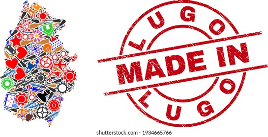 Engineering Lugo Province map mosaic and MADE IN distress rubber stamp. Lugo Province map collage created with spanners, gearwheels, tools, air planes, transports, electric sparks, details.