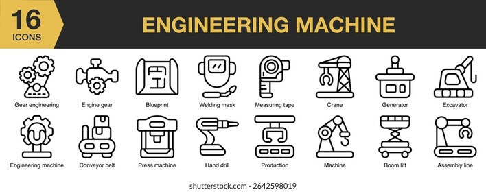 Engineering Machine icon set. Includes technology, machine, engineering, engineer, equipment, and More. Outline icons vector collection.