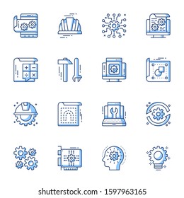 Engineering and machinery linear vector icons set. Cogwheel, blueprint, building construction draft contour symbols isolated pack. Industry and manufacturing thin line illustrations collection