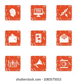 Engineering mail icons set. Grunge set of 9 engineering mail vector icons for web isolated on white background