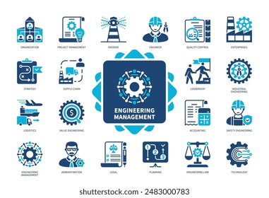 Engineering Management-Symbolsatz. Ingenieur, Business-Lösungen, Lieferkette, Qualitätskontrolle, Verwaltung, Planung, Logistik, Value Engineering. Zweifarbige Volltonsymbole