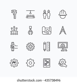 Engineering and manufacture silhouette icons set flat thin line design vector
