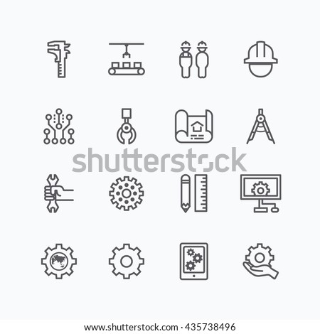 Engineering and manufacture silhouette icons set flat thin line design vector
