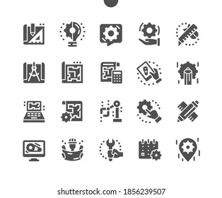 Engineering. Manufacturing Factory. Industrial Work Project. Engineer, Settings. Designing Drawings Mechanical Parts Engineering. Vector Solid Icons. Simple Pictogram