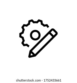 Icono de ingeniería y manufactura en estilo de contorno. Símbolo vector de engranaje con lápiz.