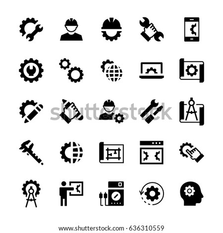 Engineering and manufacturing icon set in flat style. Vector symbols.