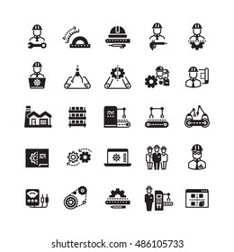Engineering manufacturing industrial vector icon set. Process conveyor mechanical, operation automatic processing illustration