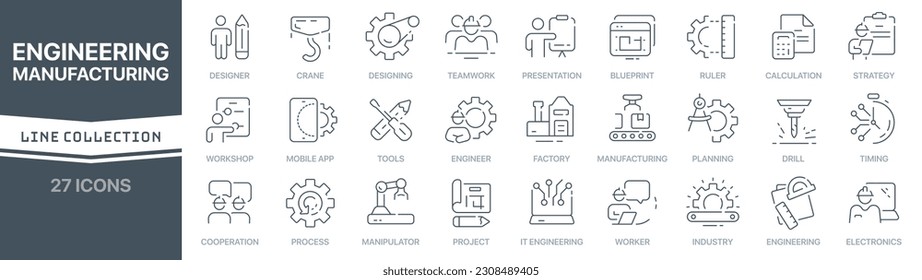 Ingeniería y fabricación de la colección de iconos con signo lineal. Colección de iconos de línea delgada firmada. Conjunto de iconos de esquema simples de ingeniería y fabricación