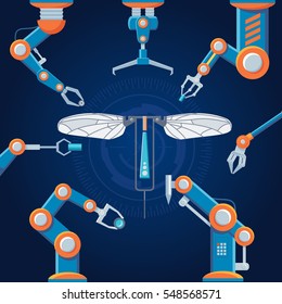 Engineering manufacturing robot set with mechanical automatic arms assembly futuristic construction vector illustration 