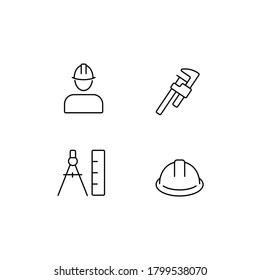 Engineering and manufacturing simple thin line icon set vector illustration. Man in helmet, hard hat, calipers, divider and ruler.