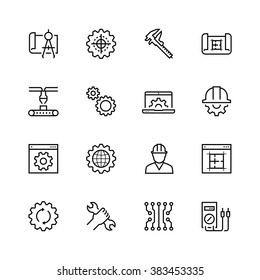 Engineering and manufacturing vector icon set in thin line style