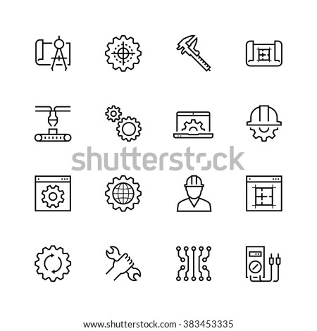 Engineering and manufacturing vector icon set in thin line style