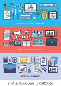 Engineering, marketing and business banner set with tools, computer network and desktop objects