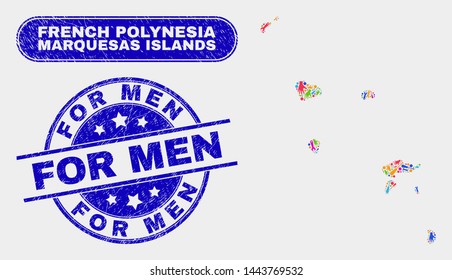 Engineering Marquesas Islands map and blue For Men textured seal stamp. Bright vector Marquesas Islands map mosaic of engineering units. Blue round For Men stamp.
