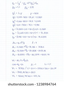 Engineering and mathematics equation and calculations handwritten on notebook page. Vector illustration.